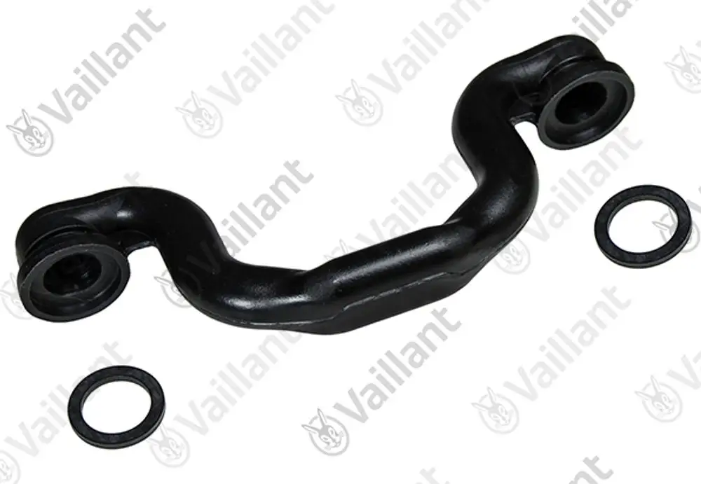 Vaillant Bypass-Rohr in schwarzer Ausführung, mit zwei Anschlüssen und Dichtungen, geeignet für den Einsatz in Speichersystemen.